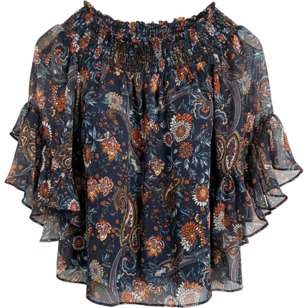 1.STATE Blouse Womens Medium Navy Blue Paisley Ruffle Sleeve Smocked Neck Top